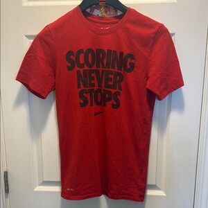 Nike Red Short Sleeve Tee with SCORING NEVER STOPS Graphic